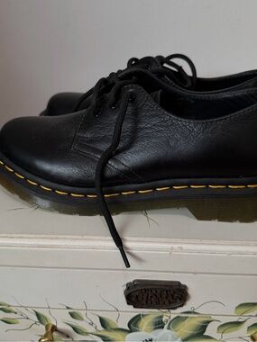 Dr. Martens Black Leather Oxfords with Yellow Stitching